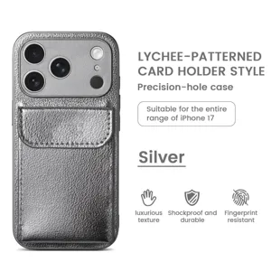 Silver lychee-patterned card holder phone case detail showing precision holes and texture.