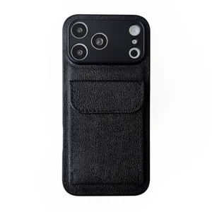 Black leather phone case detail, card holder pocket, precise camera cutout, premium protection