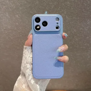 Premium litchi texture protective phone case with camera full coverage design in elegant blue.