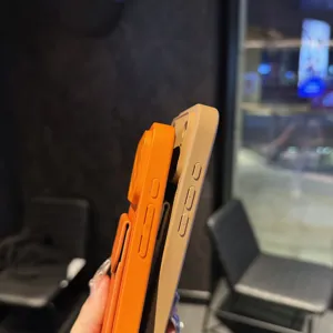 Magnetic card holder phone case with stand, compatible with iPhone, dual color minimalist style.