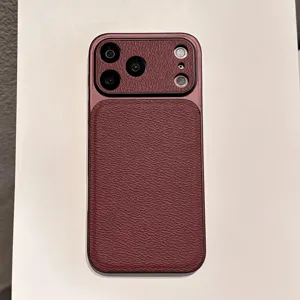 Burgundy leather texture protective phone case with camera frame detail for smartphone use.