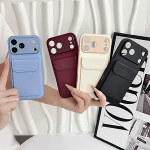 Luxury litchi leather phone case with card holder slot and camera protector for iPhone series