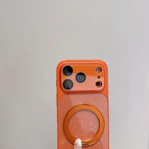Orange glitter Magsafe phone case detail view, 360-degree rotating ring stand, camera protector.