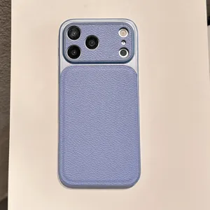 Detailed close-up of the light purple leather texture phone case back, showing fine craftsmanship.