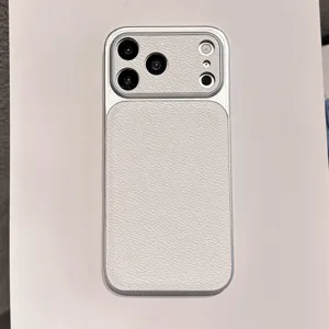 White leather texture phone case with silver frame and camera lens protection for iPhone.