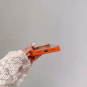 Orange magnetic phone case detail showing bottom ports and 360 rotating ring stand feature.