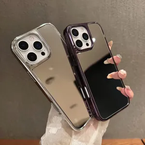 Coque de Téléphone Miroir Électroplaquée Pour iPhone 17 16 Pro Max Plus 2-En-1 PC Housse de Protection Surface Miroir Haute Brillance
