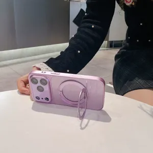 Pink magnetic sparkly phone case with 360 rotating ring stand for iphone 16 17 pro case