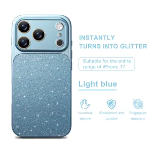 Light blue glitter phone case for iPhone 17 with camera protection and luxurious texture.