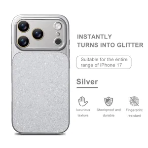 Silver glitter phone case for iPhone 17 series, luxurious texture, shockproof design.
