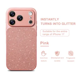 Pink glitter phone case detail showing sparkling protective finish for Apple iPhone compatibility.