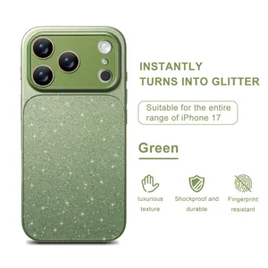 Green glitter magnetic phone case with camera protection, luxurious and shockproof for iPhone 17