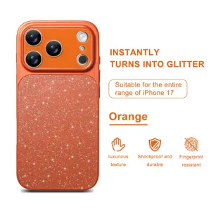 Orange glitter phone case detail, luxurious texture, shockproof design for mobile phone protection.
