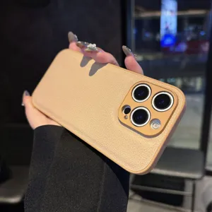 Funda de teléfono de cuero con motivo litchi minimalista compatible con iPhone Pro Max.