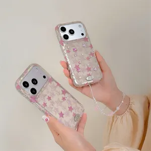 Cover trasparente per cellulare con stelle e cordino di perle, custodia rosa glitterata iPhone