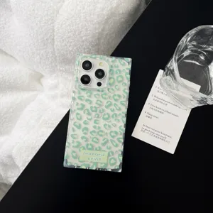 Chic transparent green leopard print square phone case compatible with iPhone models.