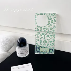 Detail view of green leopard print clear phone case with square glossy finish design