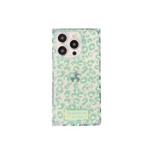 Clear green leopard print phone case for iPhone 16 Pro Max, square glossy protective cover.