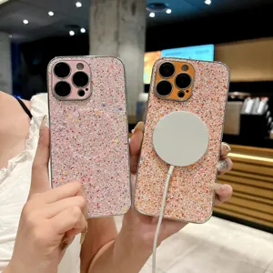 Coque de téléphone magnétique pailletée avec cadre galvanisé pour iPhone, style élégant.
