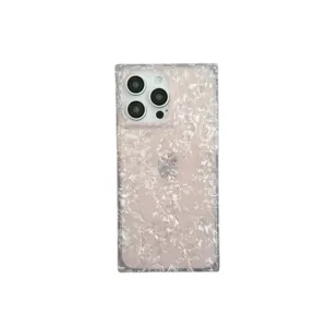 Square shell texture phone case for iPhone, luxury iridescent marble protective cover.