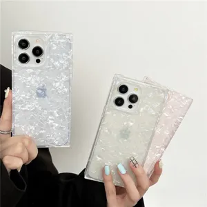 Square iridescent shell texture iPhone case with clear protective cover and stylish design details.