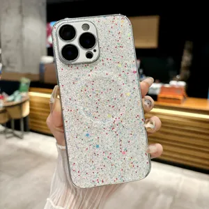 Vue détaillée d'un étui de téléphone magnétique à paillettes électroplaqué luxueux.