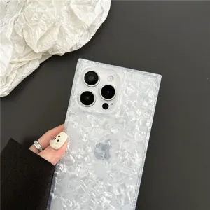 Square shell texture phone case for iPhone Pro Max, stylish iridescent back cover.