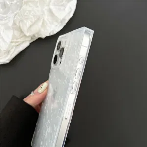 Detailed side view of square iridescent pearl phone case showing precise buttons.