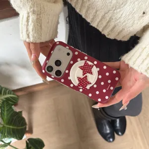 Red polka dot phone case with star stand for iPhone, matte finish detail showcase.