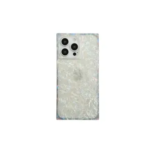 Square iridescent seashell texture protective phone case compatible with iPhone models