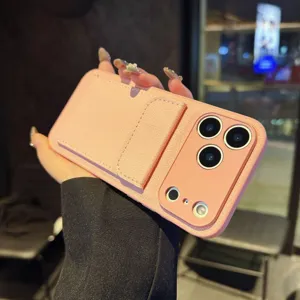 Pink leather card holder phone case with stand for iPhone, durable and stylish protection.