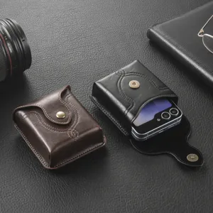 Leather waist bag for foldable mobile phones, premium belt holster pouch with magnetic snap.
