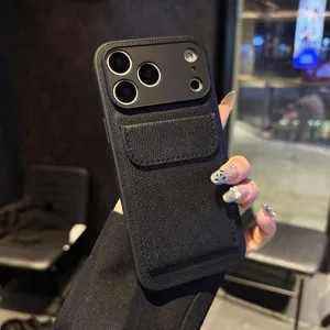Detailed close-up of black leather phone case with card holder and camera protection.