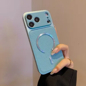 Cover per cellulare magnetica in pelle azzurra con ampia finestra per iPhone 16 Pro.
