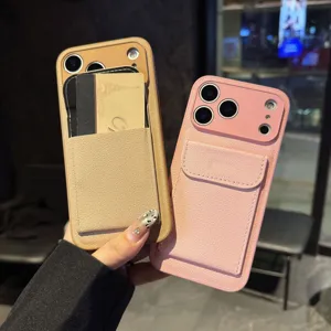 Lychee leather phone case with card slot stand for iPhone, premium protective back cover.
