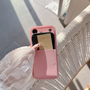 Pink litchi leather phone case detail, cardholder and stand 2-in-1 design for Apple iPhone.