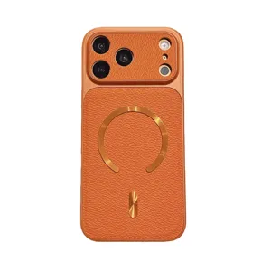 Custodia per telefono MagSafe in pelle arancione con grande finestra fotocamera per iPhone