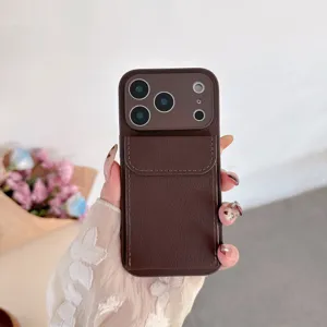Brown leather phone case with card holder pocket and kickstand detail view display.