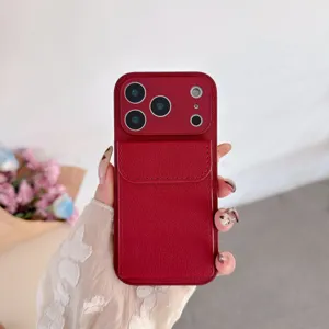 Red litchi leather phone case with cardholder stand for iPhone, durable protective back cover.