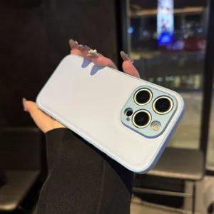 Funda de teléfono de cuero con motivo litchi azul claro para iPhone, cubierta protectora elegante.
