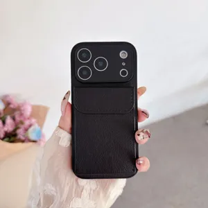 Black lychee pattern leather phone case with card slot holder for smartphone protection daily use.