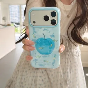 Korean Style Gradient Blue Goldfish Apple Phone Case For iPhone 17 16 15 14 Pro Max Cute Dual Layer TPU Shockproof Cover