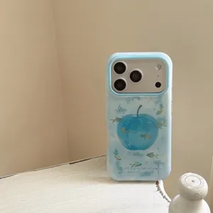 Cute blue gradient apple fish phone case compatible with iPhone, aesthetic phone cover.