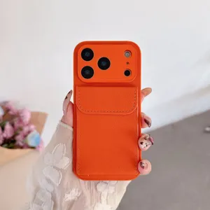 Orange leather phone case with card slot stand for iPhone 16 Pro Max luxury protective cover.