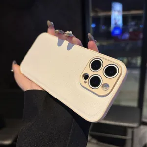 Fundade teléfono de cuero con textura litchi en beige para iPhone, carcasa protectora