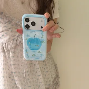 Cute gradient blue apple and goldfish phone case, stylish aesthetic cover for iPhone.