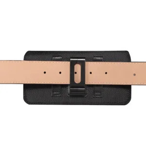 Zwarte nylon tactische telefoonholster tas met riemclip, horizontale ontildetails.