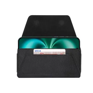 Zwarte Oxford stoffen telefoonholster met riemlus, kaartsleuf en handige magneetsluiting.
