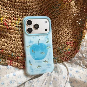 Detail view of the gradient blue apple and goldfish aesthetic iPhone case with sweet text.