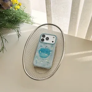Detailed view of cute Korean style gradient blue apple fish phone case for iPhone models.